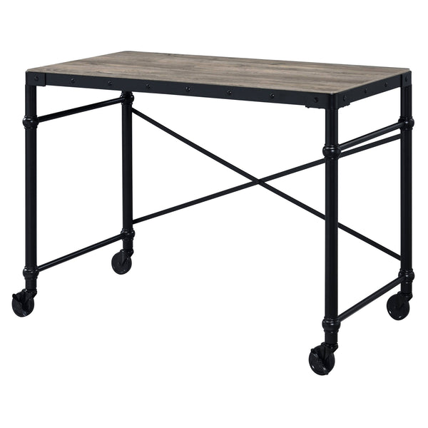 English Elm Rustic Industrial Writing Desk with Wheels, Nailhead Trim, Rustic Oak Top & Black Metal Frame, 47.5" wide B062P184534