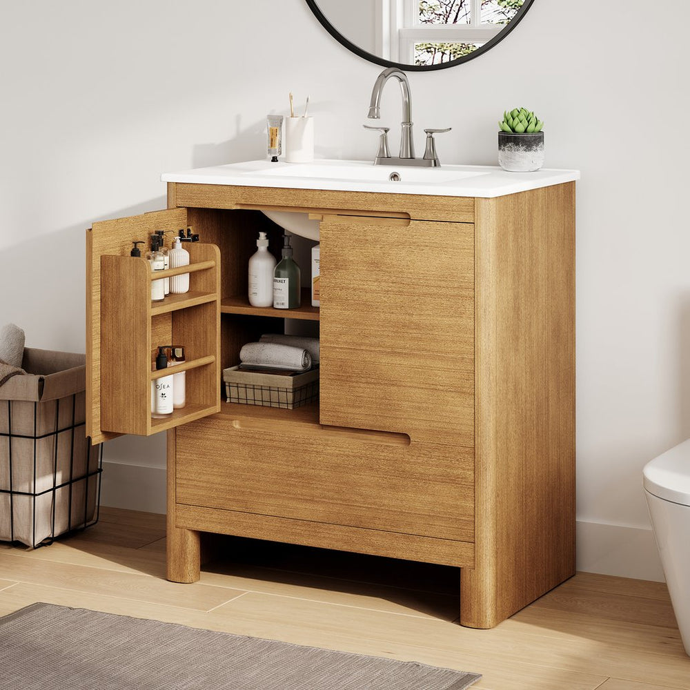 English Elm [video] 30 Inch Freestanding Bathroom Vanity Pine Legs Ceramic Sink Soft Close Storage Natural N759P412928N