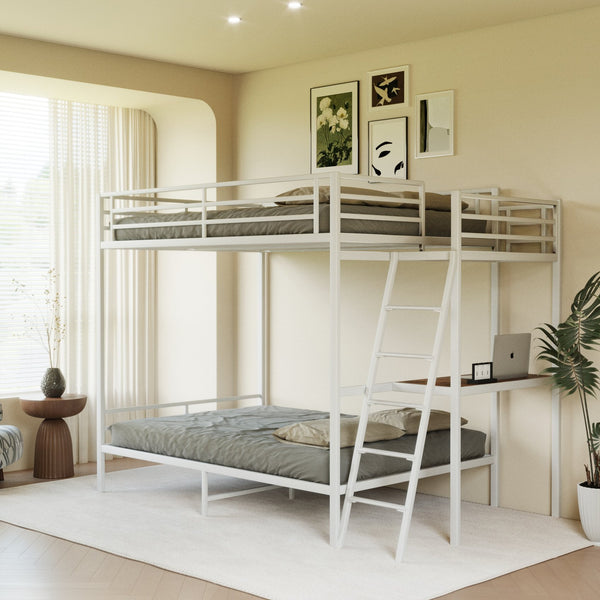 English Elm Black Full Size Loft Bed with Desk Led Lighting Charging Station and Storage Stairs White W1671S00012