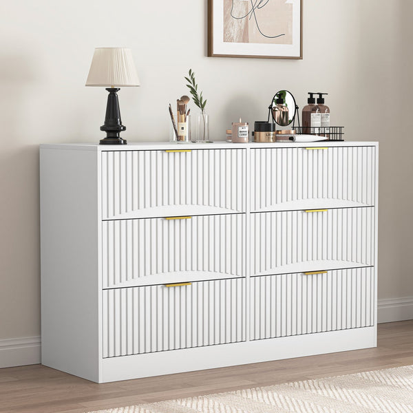 English Elm Modern Six Drawer Chest with Wavy Textured Fronts Sleek Matte Storage for Any Room White W409P307526