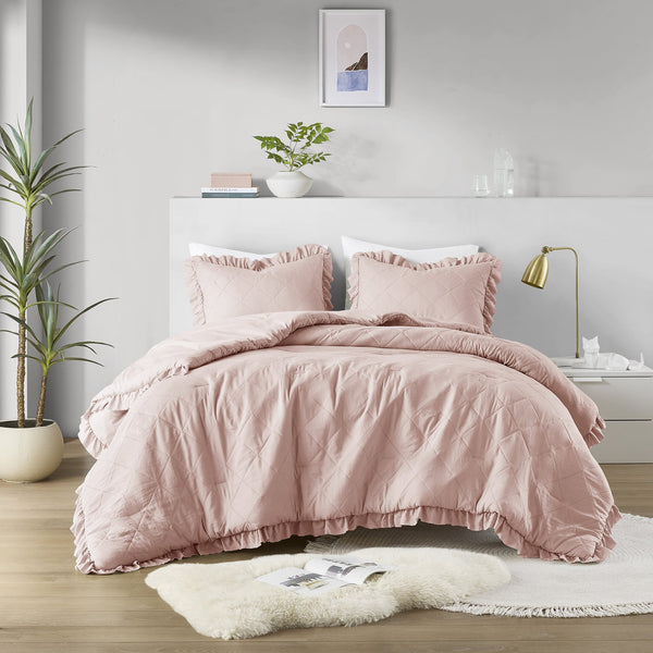 JLA Home Comfort Spaces - Diamond Quilted Ruffle Edge Comforter Set — Oeko‑Tex Certified Midweight Plush Loft, Pre-Washed Softness for Year-Round Cozy Sleep Blush AM10-0185