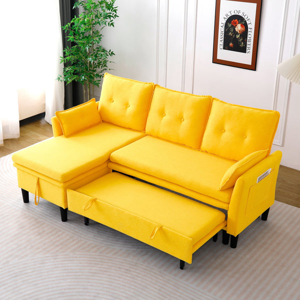 English Elm L-Shaped Reversible Chaise Sectional Sofa with Storage and Fold-Out Bed Cotton-Linen Modern Design Yellow W3371S00027
