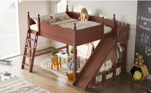 English Elm Queen Solid Pine Loft Bed with Wardrobe Shelves Detachable Slide and Dual Sleeping Zones Antique Natural W5305S00030