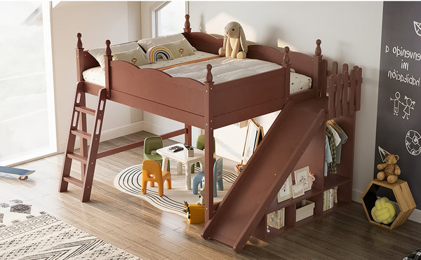 English Elm Queen Solid Pine Loft Bed with Wardrobe Shelves Detachable Slide and Dual Sleeping Zones Antique Natural W5305S00030
