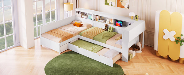 English Elm Wood Twin L-shaped Platform Bed Trundle Shelves Charging Station Kids Room White N7090001045K-1