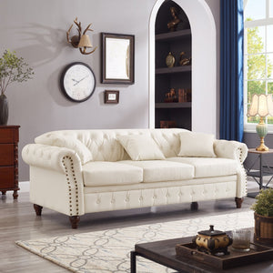 English Elm 85.8" Living Room Chesterfield Sofa with Storage Classic Tufted PU Upholstery Solid Wood Frame, 3-Seater Comfort Ivory White W1097S00150