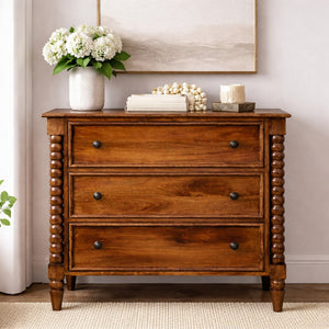 English Elm Solid Wood Spindle Three Drawer Chest Artisan Crafted Storage for Bedroom or Entryway B182P490913