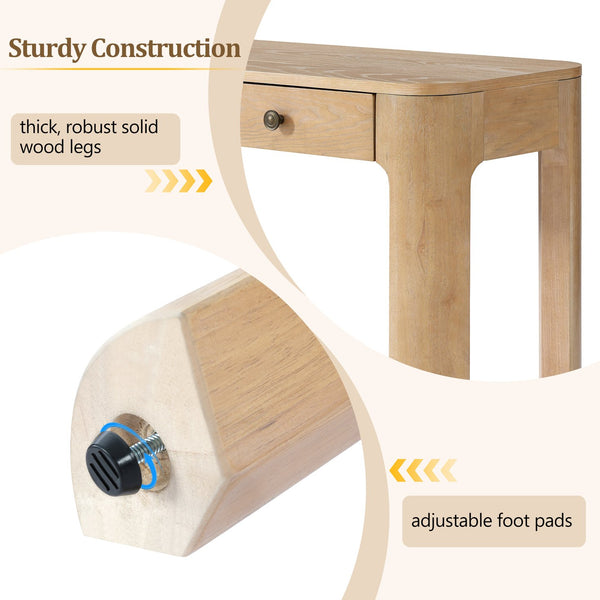 English Elm Trexm Rustic Oak Entryway Console Table with Three Drawers and Rounded Rubberwood Legs N715P361525D