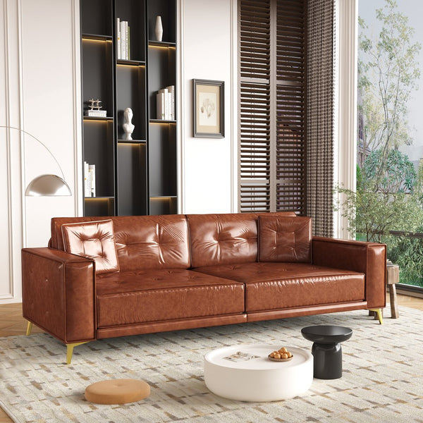 English Elm 92.1"king Faux Leather Convertible Sleeper Sofa Tufted 4 Seat Pull Out Living Room Couch Light Brown W1885S00408