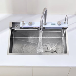 English Elm Pull-out Faucet Stainless Steel Kitchen Sink with Waterfall Spout and Digital Temp Display T3177P370631