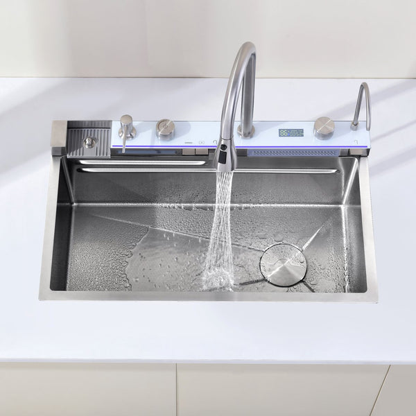 English Elm Pull-out Faucet Stainless Steel Kitchen Sink with Waterfall Spout and Digital Temp Display T3177P370631