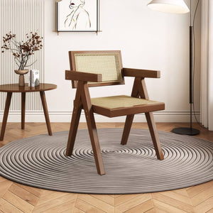 English Elm Modern Mid Century Rattan Dining Chairs Set of 2 - Walnut Rubberwood Armchairs, Cozy Durable Seating W3101P314635