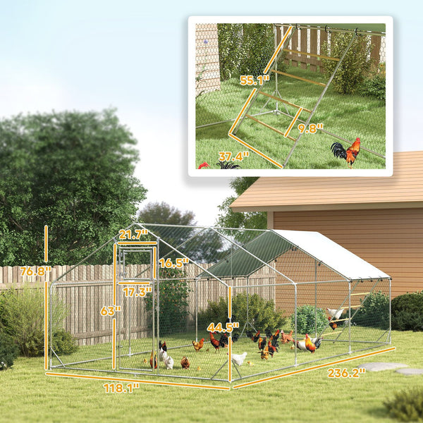 English Elm Metal Galvanized Steel Chicken Run 194 Sq Ft Backyard Poultry Enclosure Uv Proof Roof T3971P407841