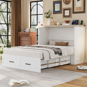 English Elm Full Farmhouse Murphy Cabinet Bed with Charging Station and Large Drawers, Space-Saving Guest Solution White 52.25 L x 26.25 W x 5.25 H N733S237853W