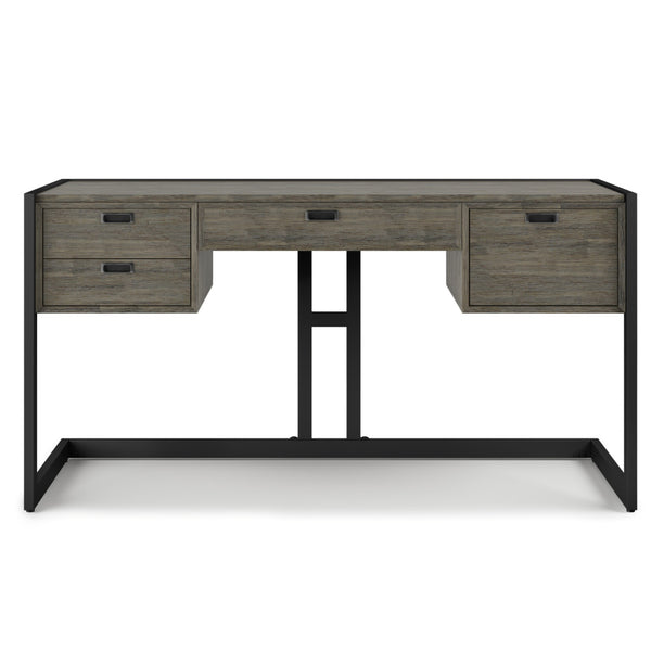 English Elm Hampden Solid Acacia Wood Desk in Weathered Grey with Keyboard Tray, 3 Drawers & Matte Black Frame B136P158676