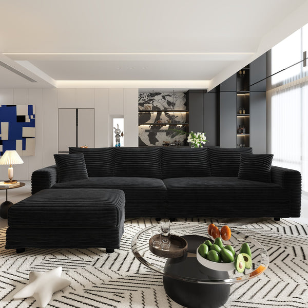 English Elm 102.4 Inch Plush Corduroy Cloud Sofa Deep Seat Four Person Convertible Lounge for Living Room Black W1885S00277