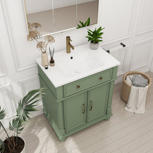 English Elm 27.8" Mid-century Freestanding Bathroom Vanity with Ceramic Sink Drawer and Wood Base Green W1801S00007