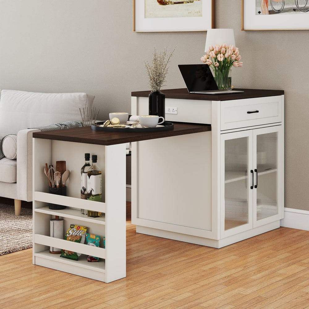 English Elm 83.1'' Extendable Kitchen Island Prep Station with Walnut Woodgrain and Built-in Power Hub W2557S00002