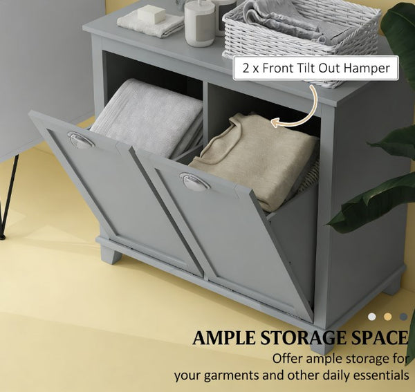 English Elm Bathroom Dual Tilt Out Hamper Cabinet Gray Mdf Laundry Sorter with Modern Handles T3971P430828