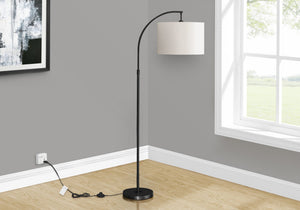 English Elm Lighting, 65"H arc floor lamp with ivory drum shade, sleek metal frame, 100W max, foot switch, modern ambiance Black 26 L x 17 W x 16 H B2710P221307