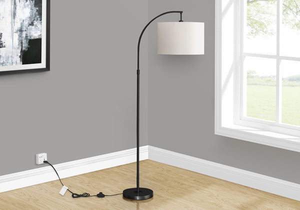 English Elm Lighting, 65"H arc floor lamp with ivory drum shade, sleek metal frame, 100W max, foot switch, modern ambiance Black 26 L x 17 W x 16 H B2710P221307