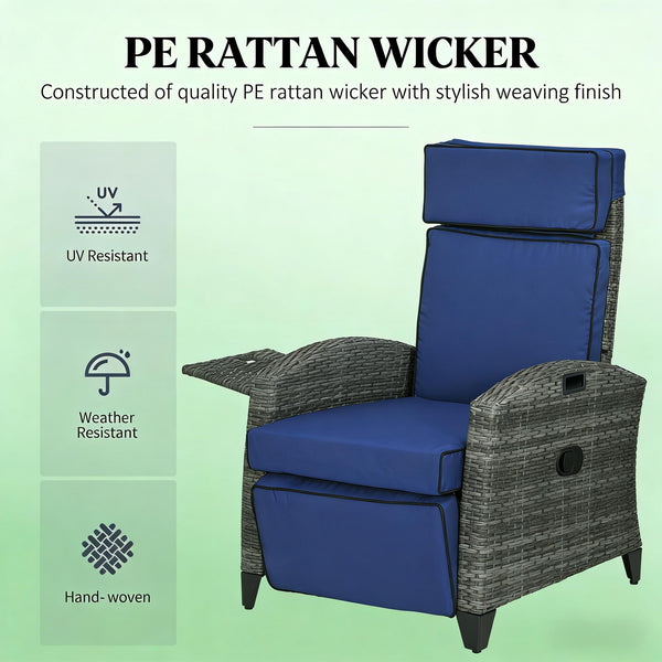 English Elm Reclining Pe Wicker Outdoor Lounge Chair with Footrest and Built-in Side Tray T3971P444413
