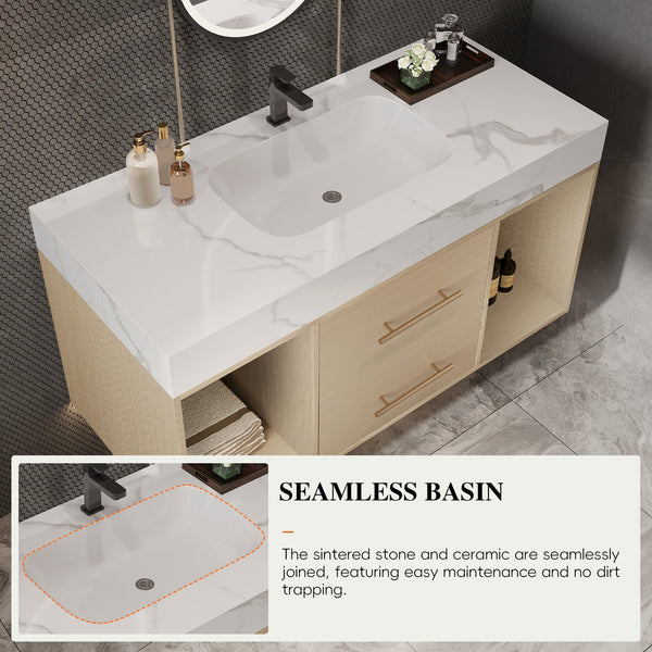 English Elm 39.4 Inch Floating Bathroom Vanity Sintered Stone Top Solid Wood 2 Soft Close Drawers W3136S00030
