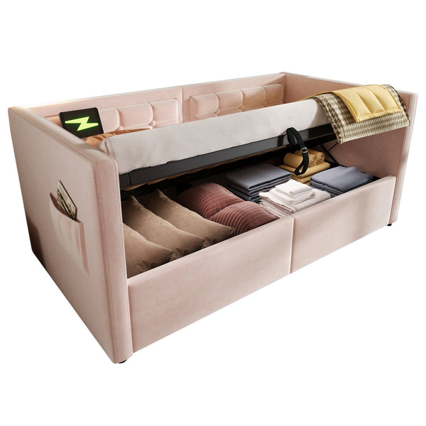 English Elm Upholstered Twin Daybed with Hydraulic Storage, Velvet Tufted Sofa Back, USB & Type-C Charging Port Pink N736P303402P