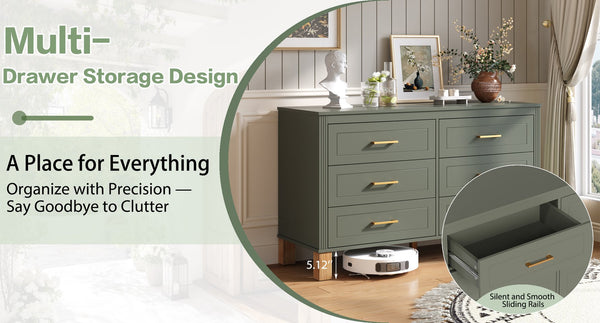 English Elm 6-drawer Double Dresser Solid Wood Legs Mid-century Modern Bedroom Storage Cabinet Olive W1445S00005