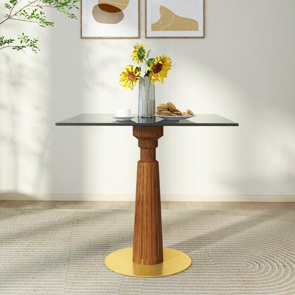 English Elm Modern Square Dining Table - 33.5" Glass Top With Wooden Legs & Gold Base For Small Spaces, 2-Person W1535S00572