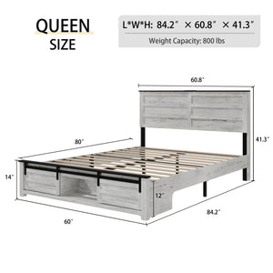 English Elm Queen Farmhouse Platform Bed Antique White Wood Frame Led Lighting and Charging Station W636P209999