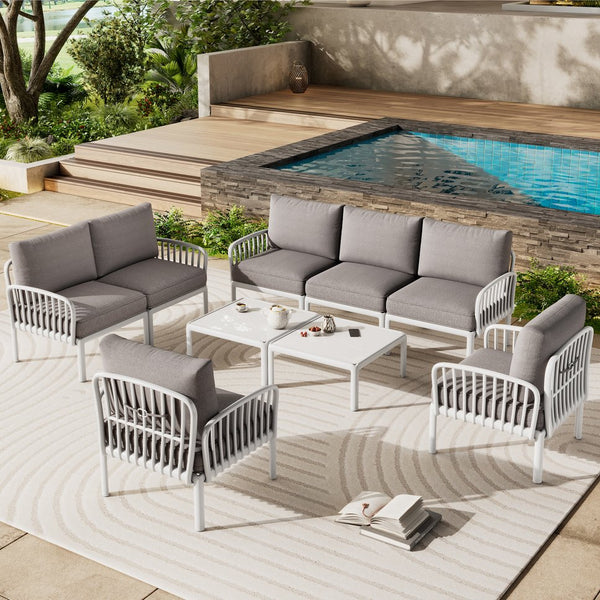 English Elm Christopher Knight Home® - 9 Modern 9-Piece Patio Conversation Set with Deep-Seating Waterproof Cushions and Glass Tabletop White+gray N780P1994544499W