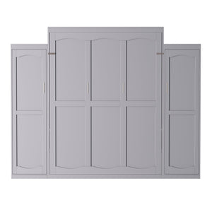 English Elm Queen Murphy Wall Bed Gray Pine Platform Frame with Dual Wardrobe Storage Shelves N733S339767E