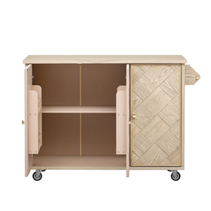 English Elm K&K Farmhouse Kitchen Island with 3D Wave Stripes Ash Veneer, Drop Leaf, Rolling Cart Storage Natural Wood N707P207916Y