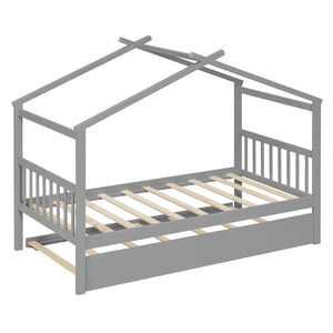 English Elm Twin House Bed Solid Pine Cottage Frame with Pull Out Trundle for Kids Bedroom Gray N708P309238E