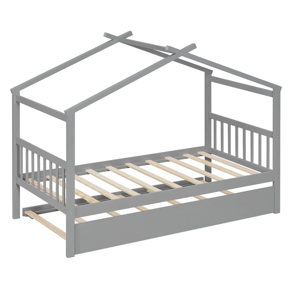 English Elm Twin House Bed Solid Pine Cottage Frame with Pull Out Trundle for Kids Bedroom Gray N708P309238E