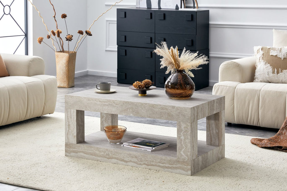 English Elm Modern Two Tier Rectangular Coffee Table with Open Shelf Mdf Build for Living Rooms W3875P389660
