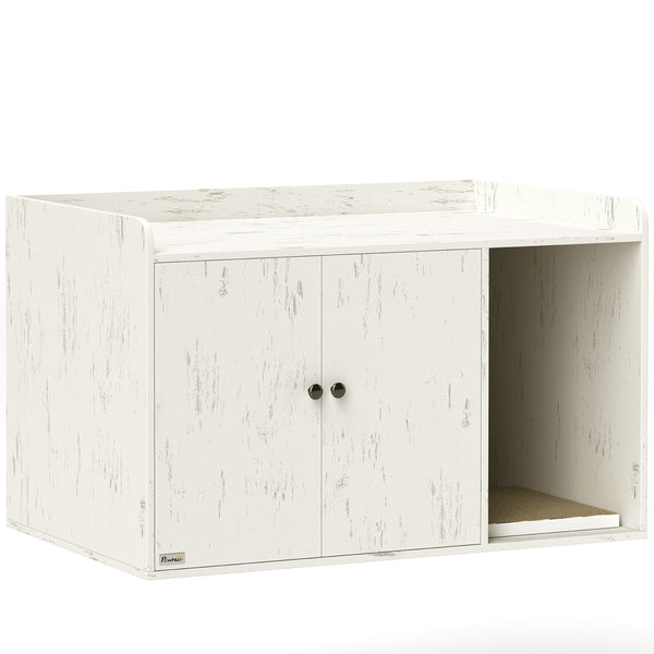 English Elm 32" Distressed White Mdf Cat Litter Hideaway Cabinet with Scratching Mat for Living Rooms T3971P404505