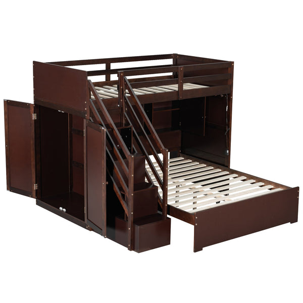 English Elm Twin Over Full Bunk Bed with Wardrobe Storage Stairs Shelves and Usb Charging Espresso LT000292AAP
