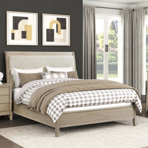 English Elm Classic Button-tufted Queen Bed Faux Leather Headboard Beige Wood Farmhouse Frame B011S02058