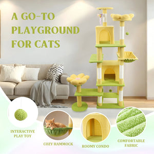 English Elm Flower Cat Tree 5 Level Floral Tower with Condo Hammock and Sisal Scratching Posts W243P451168