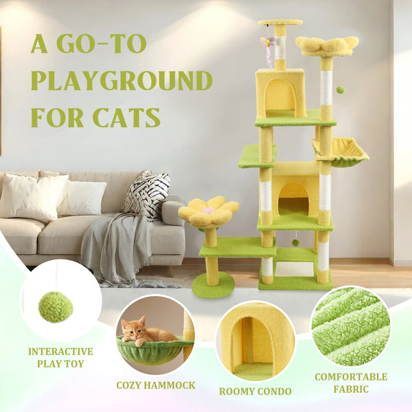 English Elm Flower Cat Tree 5 Level Floral Tower with Condo Hammock and Sisal Scratching Posts W243P451168