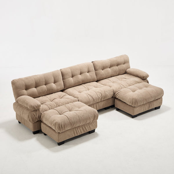 English Elm U Shaped Modular Cloud Sectional Deep Seat Flannelette Sofa with Rounded Bolster Armrests Light Brown W2120S00038