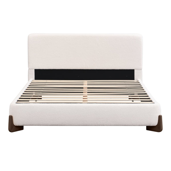 English Elm Elegant Boucle Platform Bed White Upholstered King with Dark Brown Wood Legs N769P228000K