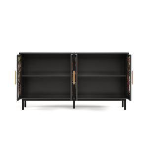 English Elm 60.3" Black Buffet Cabinet with Tropical Glazed Glass Doors, 4-Door Storage Console for Living Room W2263P367671