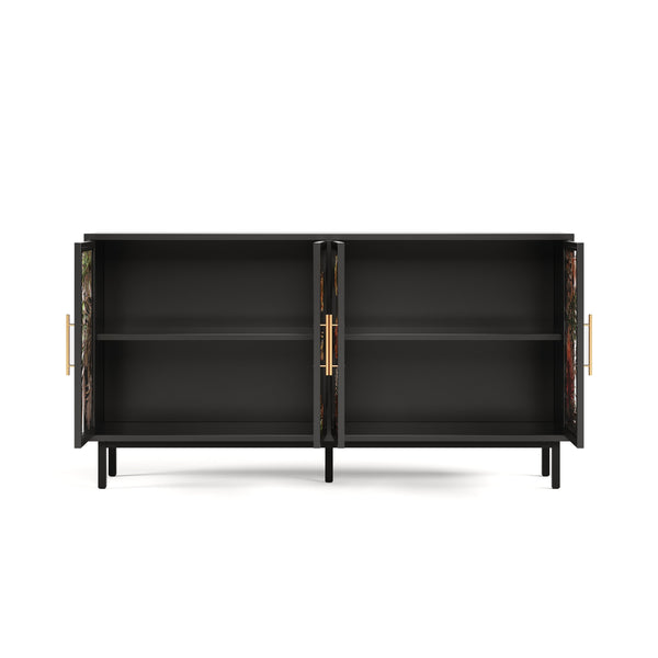 English Elm 60.3" Black Buffet Cabinet with Tropical Glazed Glass Doors, 4-Door Storage Console for Living Room W2263P367671