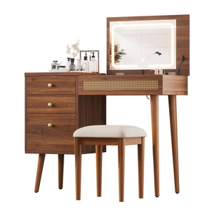 English Elm 39" Retro Bohemian Vanity Desk with Flip-Top Mirror & LED Lights, Rattan Drawers, 3-Drawer Storage, Walnut Finish N733P361800D