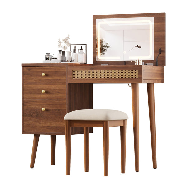 English Elm 39" Retro Bohemian Vanity Desk with Flip-Top Mirror & LED Lights, Rattan Drawers, 3-Drawer Storage, Walnut Finish N733P361800D