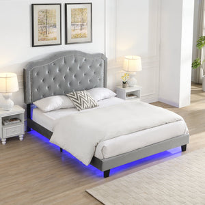 English Elm Upholstered Queen Platform Bed Grey Velvet Tufted Curved Headboard with Led Lighting W311P228694
