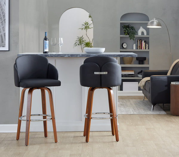 English Elm Fixed-height Mid-century Barstools with Walnut Legs and Grey Upholstered Seats Set Black B202S01901